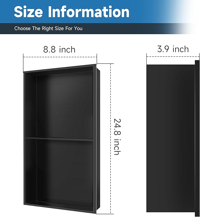 9" x 25" Black Modern Wall Mount Shower Niche with Double Recessed Shelves, No Tile Needed