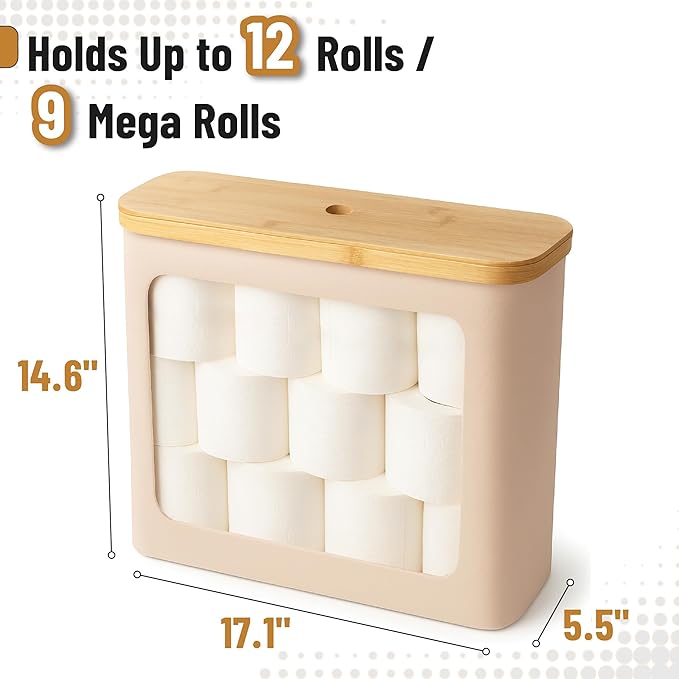 BAMBOO LAND- Toilet Paper Storage with Bamboo Lid for 12 Rolls, Beige, Waterproof Bamboo Toilet Paper Holder Basket