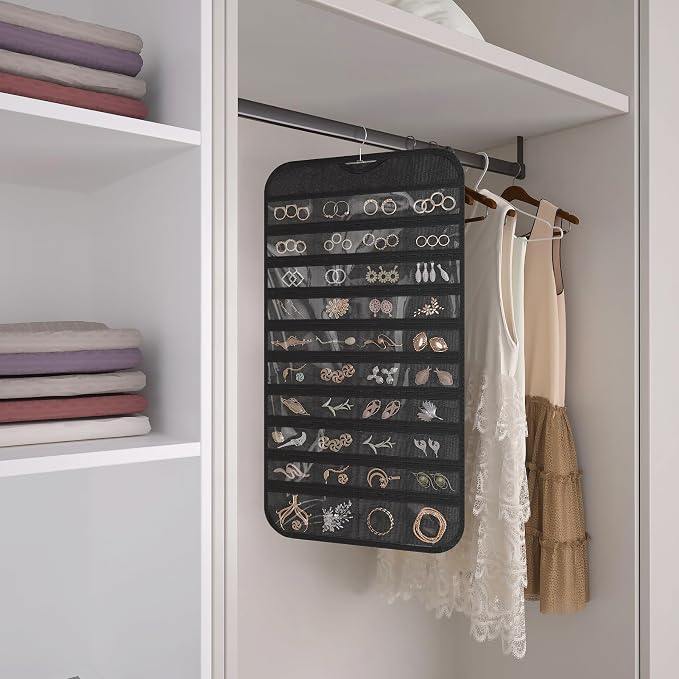 2 Pack Hanging Jewelry Organizer 80-Pocket Dual-sided Jewelry Storage for Earring Necklace Bracelet Ring Travel Holder, Black and Beige