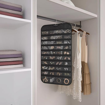 2 Pack Hanging Jewelry Organizer 80-Pocket Dual-sided Jewelry Storage for Earring Necklace Bracelet Ring Travel Holder, Black and Beige