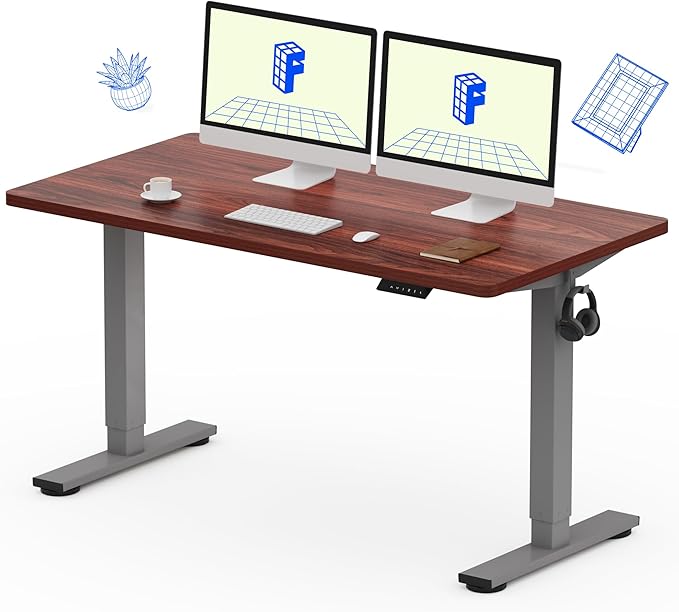 FLEXISPOT EN1 One-Piece Standing Desk with 1-Inch Thick Desktop, 55"x28" Electric Height Adjustable Desk for Home Office & Multi-Device Workstations, Mahogany(Silver Frame)