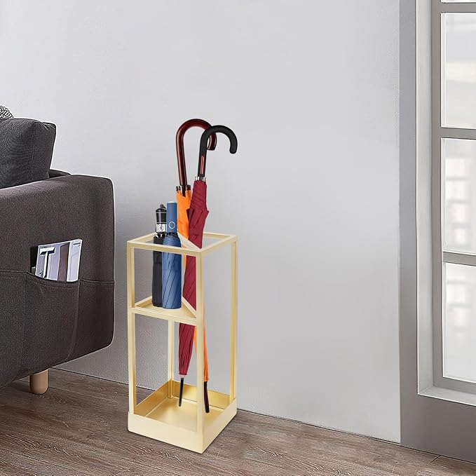 Umbrella Rack for Entryway, Modern Metal 20.87in Tall Freestanding Umbrella Holder with Built-in Shelf, Compact Storage for Long&Short Stick Rain Umbrellas and Walking Canes (Golden)