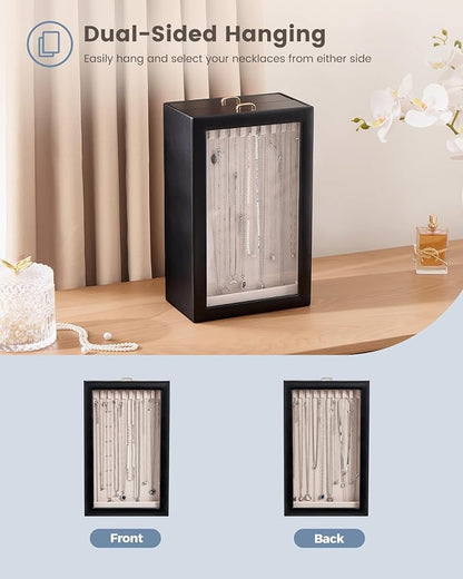 Lolalet Upgraded Double-Sided Hanging Necklace Organizer Box, Jewelry Display Case with Double-Sided Clear Window for Necklaces Bracelets, Tangle-Free Necklace Storage Box, Black, 2-Layer 40 Hooks