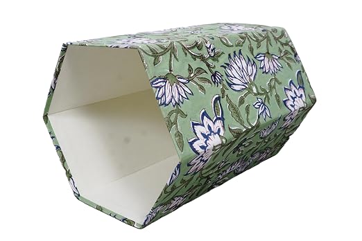 3.3 Gallon Cotton Hand Block Printed Paper Waste Basket |Small Decorative Trash Can for Housewarming Gifts in Living Room, Bedroom, Bathroom | Eco-Friendly, Plastic-Free (1, L Green Blue FLOWAR)