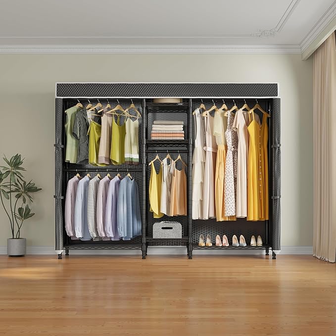 VIPEK Classic V6C Heavy Duty 5 Tiers Wire Garment Rack Large Size Wardrobe Closet Black Metal Clothing Rack with Black Oxford Fabric Cover, 70.1" L x 17.3" W x 76.4" H, Max Load 870 LBS
