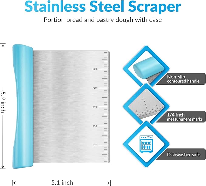 Upgraded 304 Stainless Steel Multi-Purpose Bench Scraper with Measurement Marks, Dishwasher Safe, Dough Cutter for Pizza, Bread and Cookie Dough Vegetable Chopper, Baking Supplies, Blue