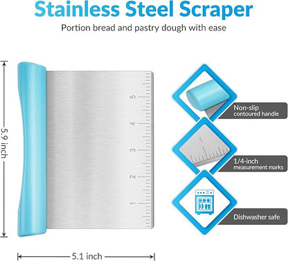 Upgraded 304 Stainless Steel Multi-Purpose Bench Scraper with Measurement Marks, Dishwasher Safe, Dough Cutter for Pizza, Bread and Cookie Dough Vegetable Chopper, Baking Supplies, Blue