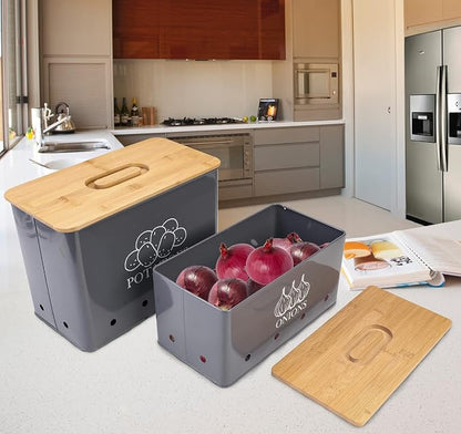 Potato and Onion Storage Bin Set of 2, Vented Metal Vegetable Storage with Wooden Lids, Farmhouse Kitchen Canisters for Countertop Pantry Organizer, Potato Bin Onion Holder for Produce Storage, Grey