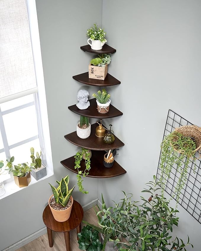 Conamily Corner Shelf,14inch Walnut Solid Wood Floating Corner Shelves Wall Mount Round End Floating Speaker Rack with Wire Hole for Small Plant for Bedroom Kitchen, Living Room