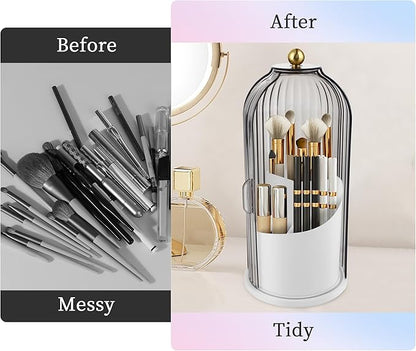 Makeup Brush Holder Organizer, 360 Rotating Makeup Brush Holder, Dustproof Waterproof Material & with 3 Compartments for Organized Storage, Dressing Tables Clear Storage Skincare Cosmetic (Grey)