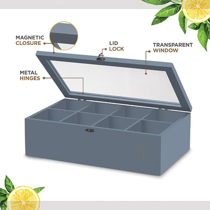 Tea Bag Organizer with Drawer - Gray Bamboo Tea Box Organizer, 8-Compartment Tea Storage Box with Acrylic Lid and Magnetic Closure, Tea Box for Kitchen Counter, Gifts for Mom, Wife, Tea Lovers (Grey)