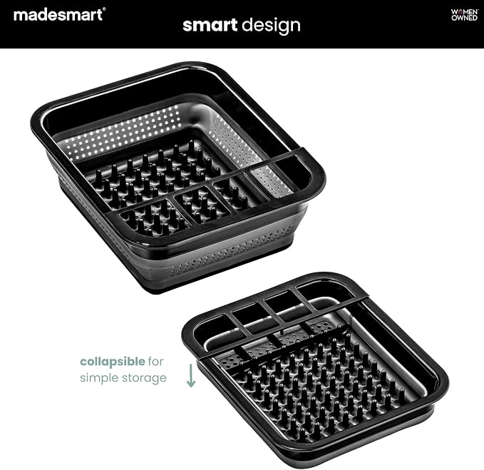 madesmart Collapsible Dish Rack, Foldable Dish Drying Station for Plates, Bowls, Cups & Utensils, Integrated Draining Board, Non Slip Base, Durable & Easy-Clean Kitchen Drying Organizer, Carbon