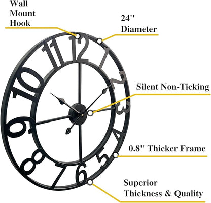 CLXEAST 24 Inch Wall Clocks for Living Room Decor, Large Black Metal Wall Clock Battery Operated, Silent/Non Ticking, Regular Arabic Numeral