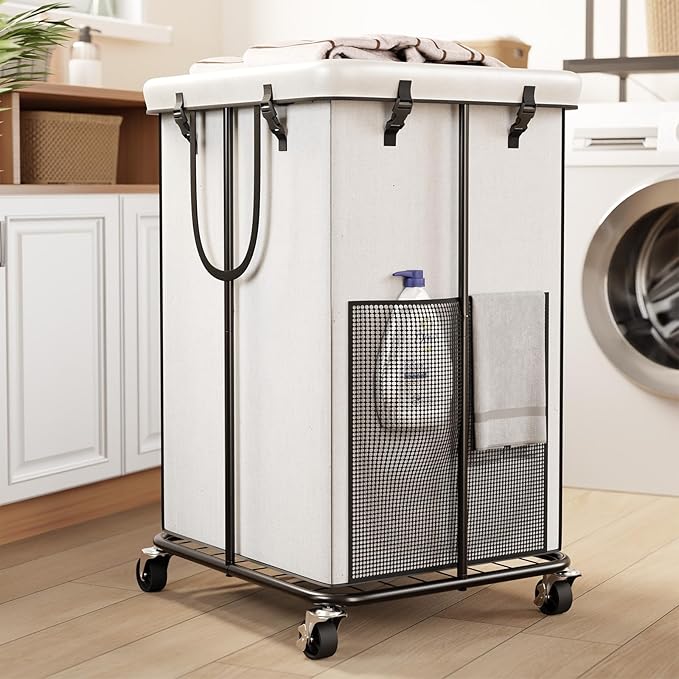 150L Large Laundry Basket with Wheels, Rolling Laundry Hamper with Removable Laundry Bag & Metal Frame, Oxford Fabric Dirty Clothes Hampers for Bedroom, Laundry Room, Bathroom, Dorm(White)