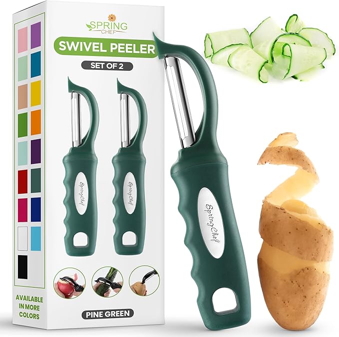 Spring Chef Premium Swivel Vegetable Peelers for Kitchen, Stainless Steel Apple Peelers with Soft Grip Handle and Sharp Blades, Perfect for Potato, Carrot, Mango, Cucumber - Set of 2 - Pine Green