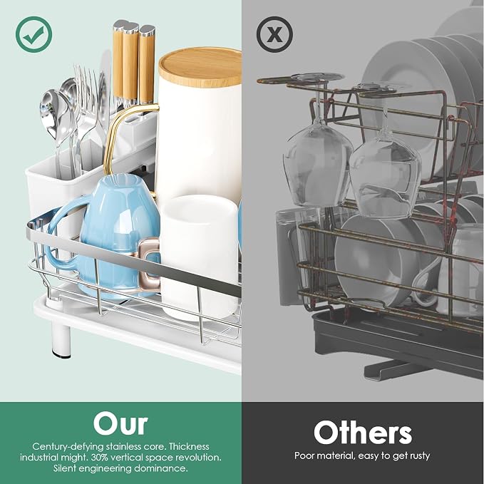 MOUKABAL Dish Drying Rack, Dish Rack, Stainless Steel Dish Racks for Kitchen Counter, Dish Drainer with Removable Utensil Holder, Drainboard (White,Stainless Steel,13''W x 17''L)