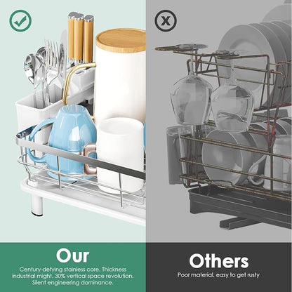 MOUKABAL Dish Drying Rack, Dish Rack, Stainless Steel Dish Racks for Kitchen Counter, Dish Drainer with Removable Utensil Holder, Drainboard (White,Stainless Steel,13''W x 17''L)