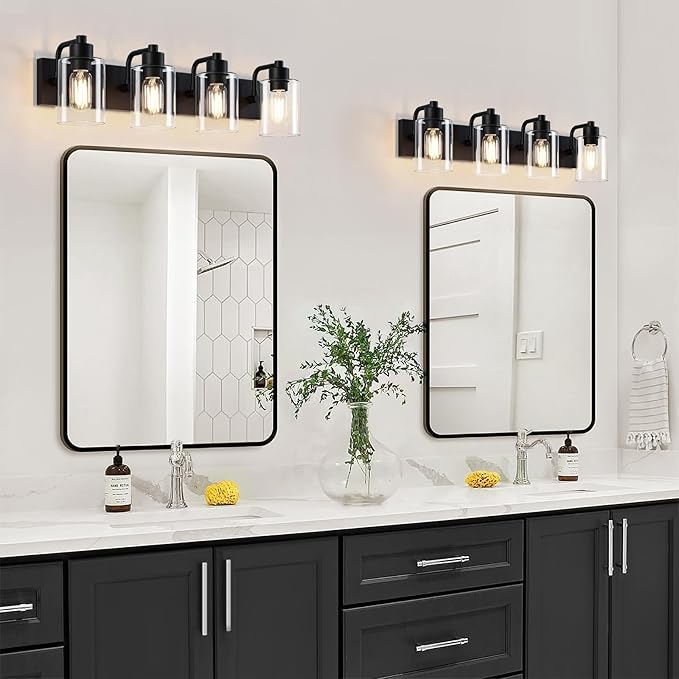 Bathroom Vanity Light, Modern Matte Black 4-Light Bathroom Lights Over Mirror with Clear Glass Shade,Wall Sconces for Bedroom,Living Room