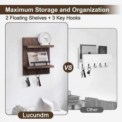 Key Holder Wall Mount, Mail Shelf Decor with 3 Key Hooks, Versatile Wood Wall Organizer for Entryway Hallway (8.2” x 10.6”x 3.6”) (Brown)