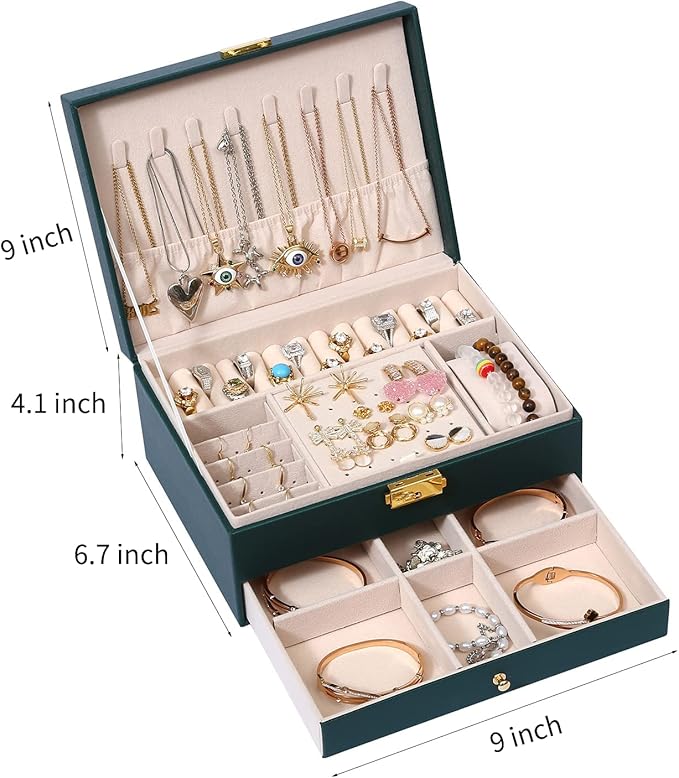 GUOER Jewelry Box for Women Girl Wife - Large PU Leather Jewelry Organizer Storage Case with Two Layers Display for Earrings Bracelets Rings Watches (Green)
