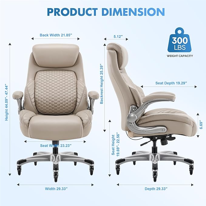 COLAMY Office Chair Ergonomic Desk High Back Executive Chair with Pop-Out Lumbar Support, Upgraded Casters, Adjustable Headrest, Flip-Up Arms, Leather Home with Thick Cushion for Comfort - Khaki