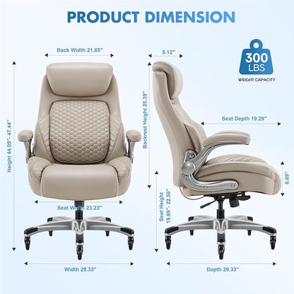 COLAMY Office Chair Ergonomic Desk High Back Executive Chair with Pop-Out Lumbar Support, Upgraded Casters, Adjustable Headrest, Flip-Up Arms, Leather Home with Thick Cushion for Comfort - Khaki