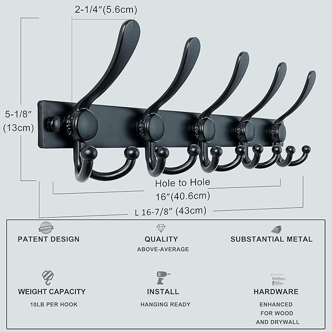 Dseap Coat Rack Wall Mount 2.0 Pro: Heavy Duty 300% Thicker, 16" Stud Mount, Stainless Steel Wall Coat Hooks Hanger for Clothes Jackets Hats Entryway Closet, MaxStrong Series, Black