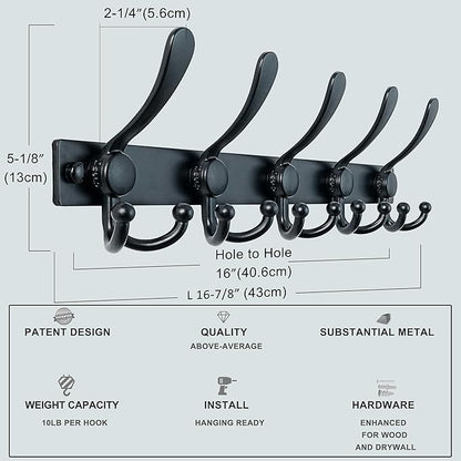 Dseap Coat Rack Wall Mount 2.0 Pro: Heavy Duty 300% Thicker, 16" Stud Mount, Stainless Steel Wall Coat Hooks Hanger for Clothes Jackets Hats Entryway Closet, MaxStrong Series, Black