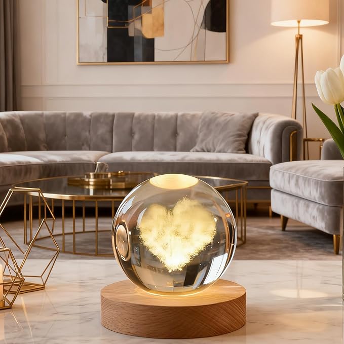 3D Heart Love Crystal Ball, 2.4 inch Valentines Day Decoration Quartz Glass Ball, Lovely Sphere Light Crystal Display Cute Sculpture Home Decor Gifts for Mom Women Grils Friends Office Table