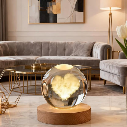 3D Heart Love Crystal Ball, 2.4 inch Valentines Day Decoration Quartz Glass Ball, Lovely Sphere Light Crystal Display Cute Sculpture Home Decor Gifts for Mom Women Grils Friends Office Table