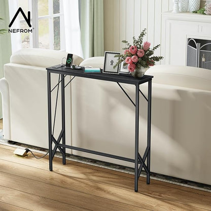 31.5‘’ Console Table, Skinny Entryway Table with Fast-Charging Station, Narrow Long Sofa Table, Behind Slim Couch Table for Entrance, Hallway, Living Room Decor ST-BK80-1