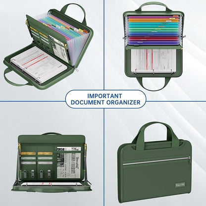 Fireproof Accordion File Organizer with Handle, 13 Pocket Expanding File Folder with Zipper & Labels, File Folder with 3 Ring Binder, Multi Pockets Paper Organizer Folder for Letter A4 Files (Green)