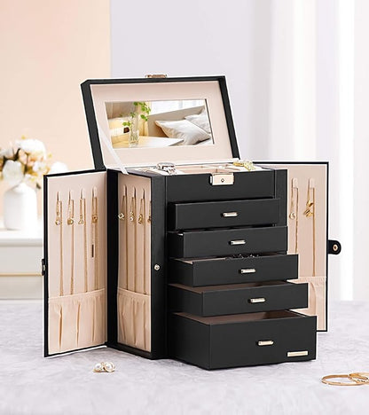 Homde Jewelry Box Large for Women: 6 Layers 5 Drawers Organizer with Mirror for Ring Earring Necklace - Storage Holder with Lock for Dresser (Black)