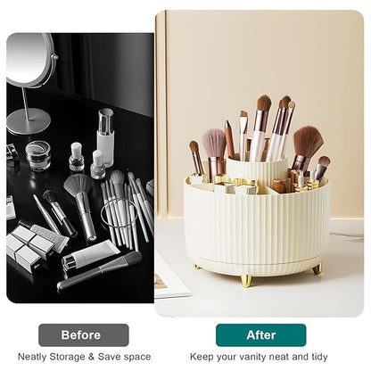 Diesisa Makeup Brush Holder Organizer,360° Rotating Makeup Brush Organizer,5 Slot Make up Brushes Cup for Cosmetics, Nail Polish, Art Supply, Bathroom Vanity Desktop Organizer - Cream