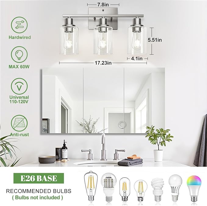 3-Light Bathroom Light Fixtures, Vanity Light with Clear Glass Shades, Brushed Nickel Bathroom Light Fixtures Over Mirror, Modern Bathroom Wall Lamp for Mirror Living Room Cabinet Bedroom