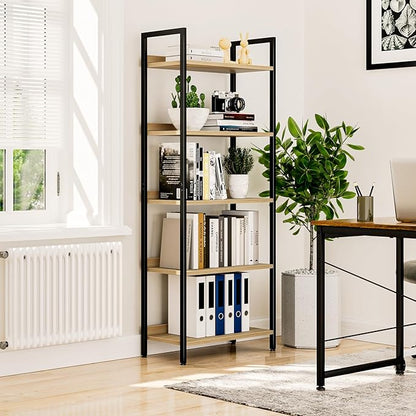 NUMENN Bookshelf, 5 Tier Bookshelves, Home Office Bookcase Shelf Storage Organizer, Free Standing Storage Shelving Unit for Bedroom, Living Room and Home Office, Natural