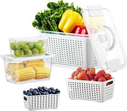 LUXEAR Produce containers for fridge,3 Set Fruit Containers with Removable Colander, BPA-Free Produce Saver Containers with Lids Dishwasher&Microwave Safe Keep Fruits, Vegetables, Berry, Fresh Longer