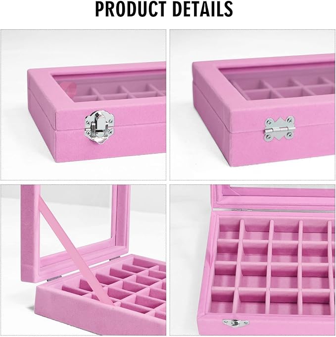 Vicoter Velvet Jewelry Box 24 Grid Jewelry Ring Display Organiser Box Tray Holder Earrings Storage Case for Girls Wife Mom Women (Pink)