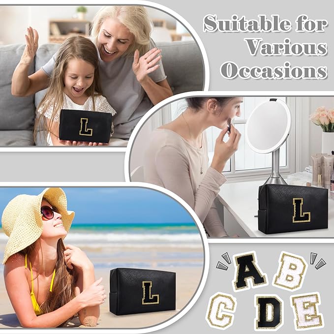 Personalized Initial A-Z Preppy Patch Makeup Bag,Small PU Chenille Letter Cosmetic Bag with Zipper for Teen Girls,Black Cute Toiletry Organizer Bag,Monogram Makeup Case Gift for Women Girls,Letter L