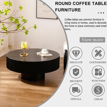Round Coffee Table, Handcrafted Fluted Drum Coffee Tables Modern Wood Coffee Table Circle Drum Center Table for Living Room, Apartment (Black Thick)