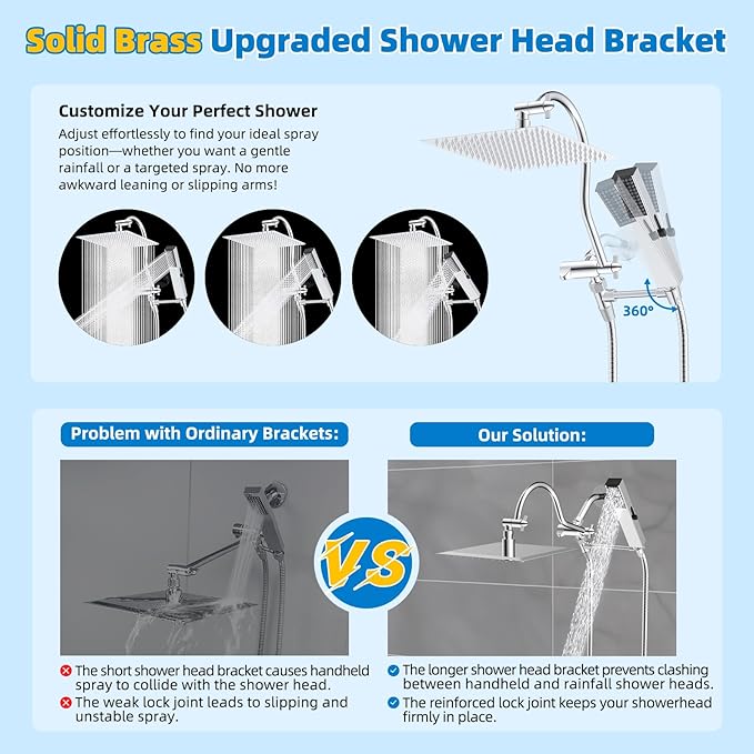 Hibbent All Metal cUPC Certified Shower Head, 12'' High Pressure Rainfall Shower Head, Showerhead Combo, Handheld Shower Wand, 12'' Adjustable Extension Arm, 4-Spray, 71'' Hose, Shower Holder, Chrome