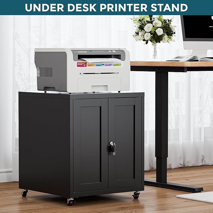 Large Printer Stand with Storage and Lock, 3D Heavy-Duty Printer Cabinet, Printer Table for Home Office with Doors and Adjustable Shelves, for Office Copier and Fax Machine, Black