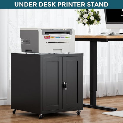 Large Printer Stand with Storage and Lock, 3D Heavy-Duty Printer Cabinet, Printer Table for Home Office with Doors and Adjustable Shelves, for Office Copier and Fax Machine, Black