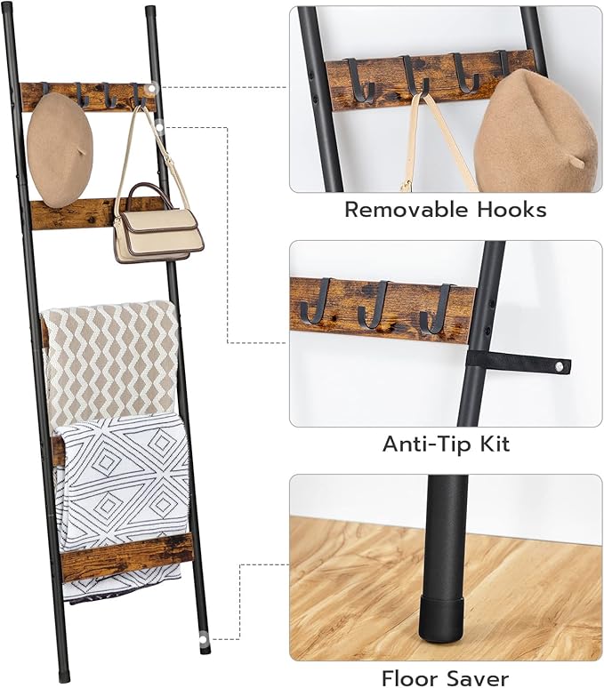 HOOBRO Blanket Ladder, Towel Rack with Hooks, Wall-Leaning Blanket Rack, Decorative Display Ladder Shelf, BF52CJ01-BF17CJ01