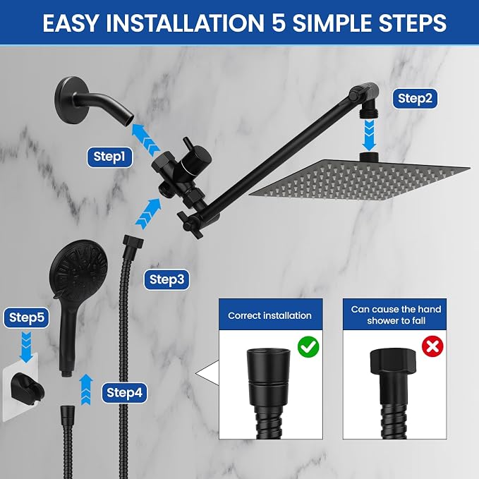 Shower Head, 12‘’ High Pressure Rainfall/Handheld Shower Combo with 11'' Extension Arm, 9 Settings, Anti-leak Shower Head with Holder, Height/Angle Adjustable, Matte Black