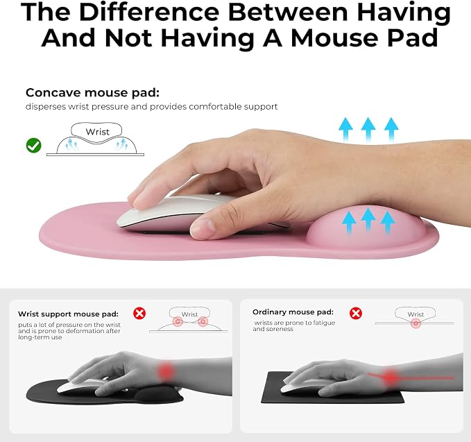 EooCoo Ergonomic Pink Mouse Pad with Gel Wrist Rest Support Middle Concave Design, Relieve Wrist Pain Mousepad, Wrist-Contoured Design for Carpal Tunnel Syndrome, Office Desk Accessories for Women