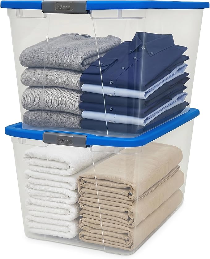 HOMZ Clear Plastic Storage Bins with Snaplock Secure Latching Lids | Easy Grip Handles | Stackable & Nestable Organizing Totes | Blue Lid | 64 Quart, Pack of 2