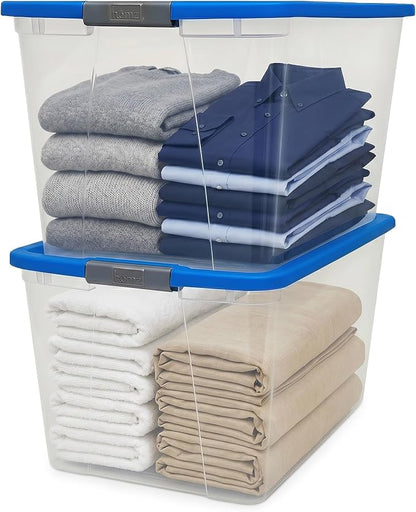 HOMZ Clear Plastic Storage Bins with Snaplock Secure Latching Lids | Easy Grip Handles | Stackable & Nestable Organizing Totes | Blue Lid | 64 Quart, Pack of 2