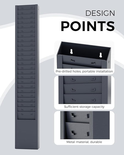 OSKIE 25-pockets Metal Time Card Rack, Wall-Mountable, Powder gray-blue, Vertical Office Organizer, 2x5x30inches