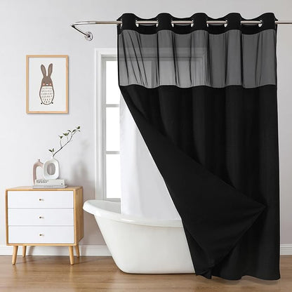 Black No Hook Waffle Weave Shower Curtain with snap-in Liner Replacement, 230GSM Waterproof Fabric Hotel Shower Curtain Set for Bathroom, Through Mesh Top Window,71Wx74H